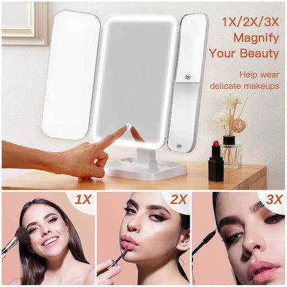 Trifold Makeup Mirror LED Lights Dorm Dressing Mirror Beauty Light up Your Fill Light with Smart Complementary Makeup Mirror Tri