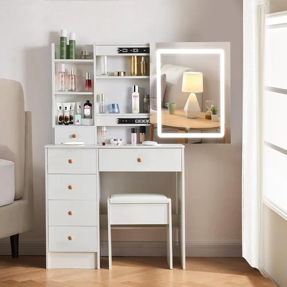 Makeup Vanity with Lights,Makeup Vanity with Sliding Mirror and LED Lights, Vanity Table Set with 5 Drawers and Stool,Shelves