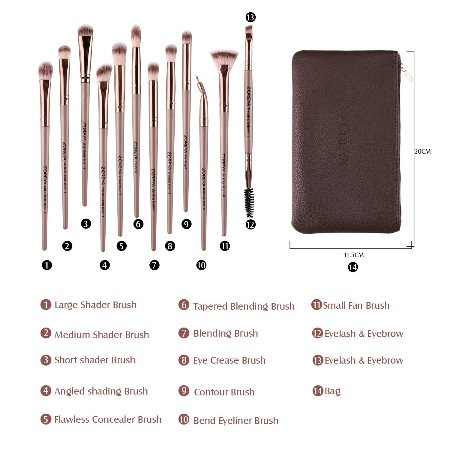 Eye Makeup Brushes, 12 Pcs Professional Eye Brush Set Eyeshadow, Eyebrow, Blending, Fan, Eyelash Brush Set with Carrying Bag(Champagne Gold)