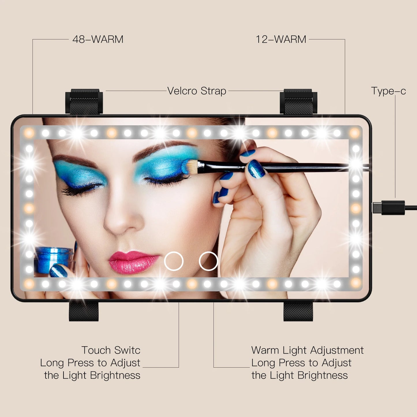 Car Visor Makeup Mirror, Touch Screen Dimmable, Rechargeable Makeup Mirror with 3 Light Modes, Universal Lighted Mirror for Cars