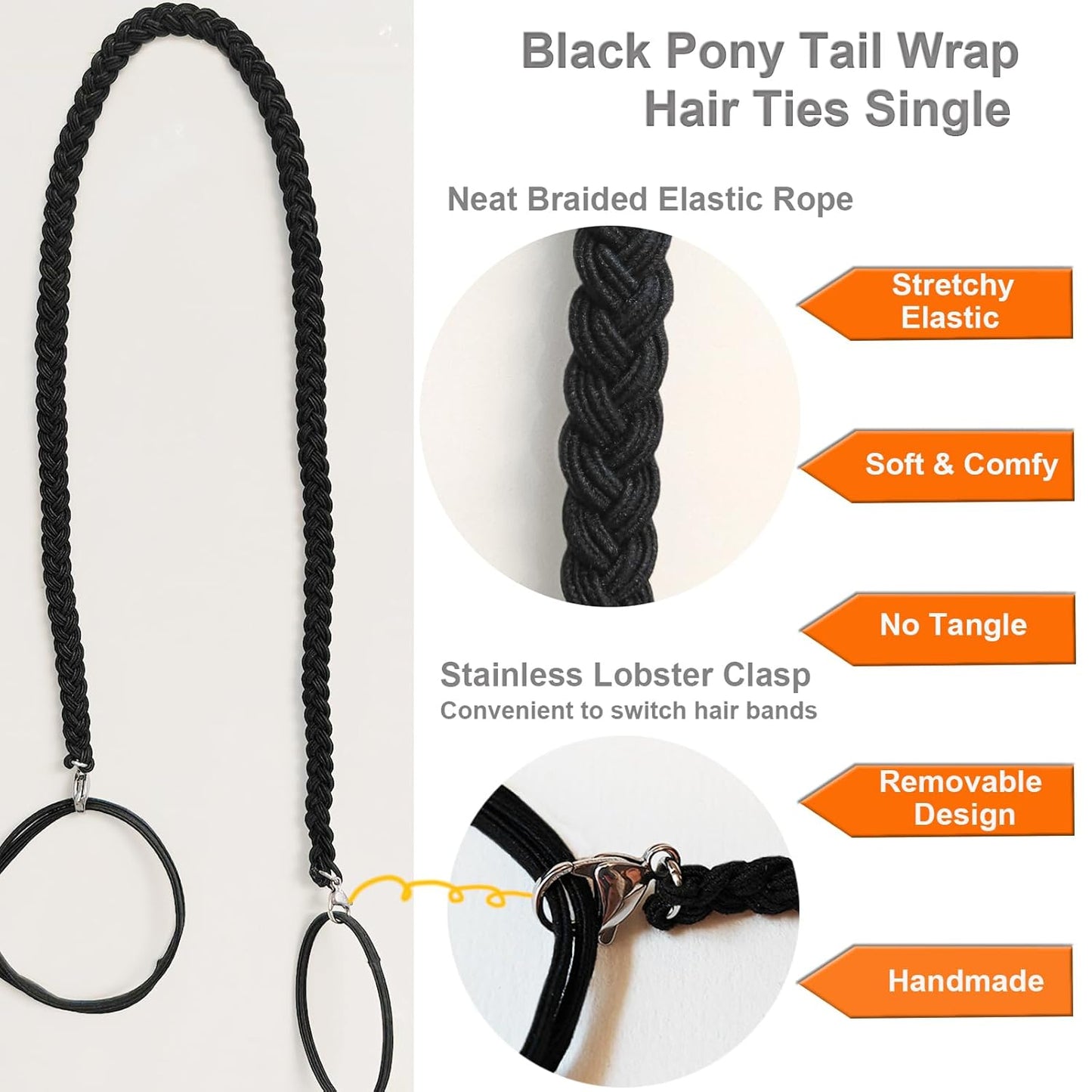 Black Elastic Spiral Hair Ties for Fine Thin Medium Long Hair, 18" Ponytail Holders Braided Pony Tails Wrap Hair Tie for Women Girls Stretchy Hair Bands for Swimming Beach Workout Bike GYM - Single