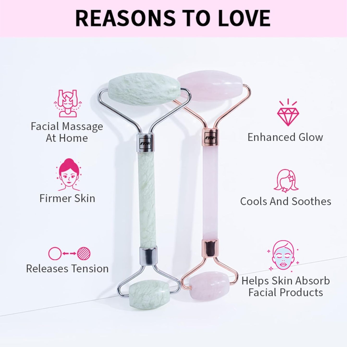 Face Massage Rollers - Enhances Glow and Firms Skin - Helps Absorb Facial Products - Releases Tension - Rose Quartz - 1 Pc