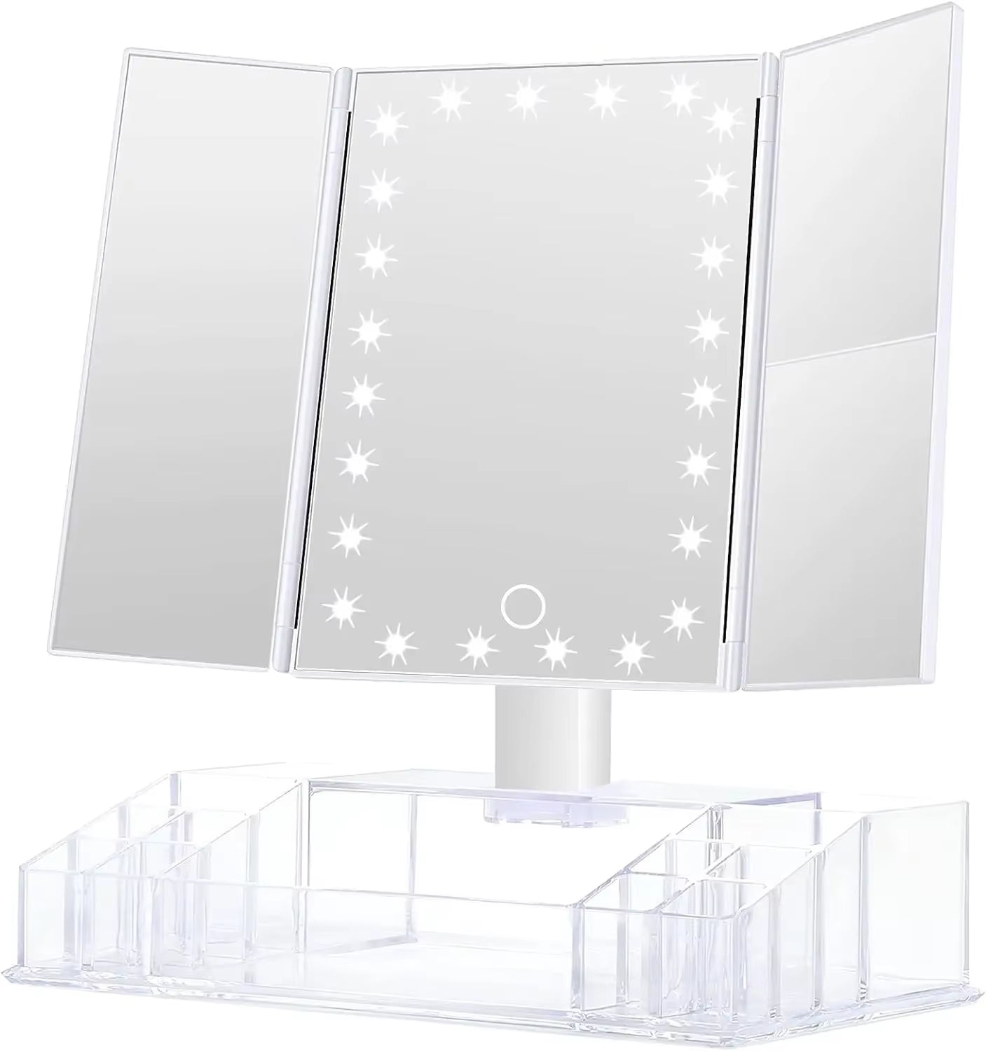 Makeup Mirror with Lights and Storage - 3X/2X Magnification, Tri-Fold Cosmetic Vanity Mirror with 24 Led Light, Touch Screen