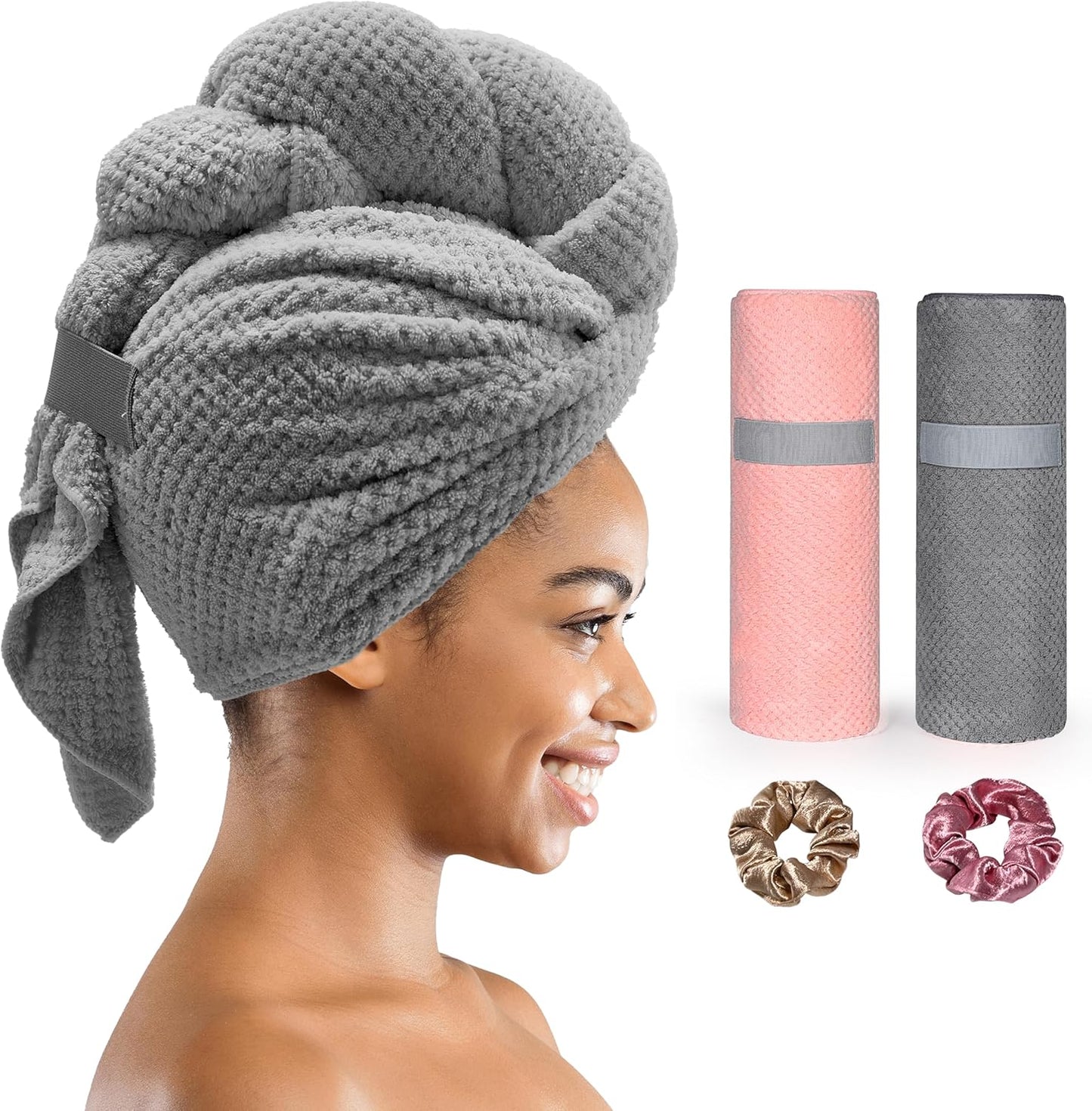 Microfiber Hair Towel Wrap for Curly Hair: 2 Pack Large Hair Drying Towels for Women Long Hair - anti Frizz Fast Drying Hair Turbans with Elastic Strap for Wet Hair Gray and Pink