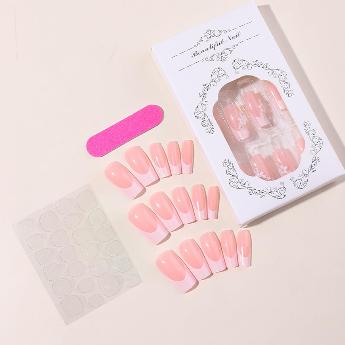 Short Medium Press on Nails French Tip Square Pink White Bare Nude Fake Nails Acrylic Gel Glue on Nails Floral Flower Fantasy Stick on Nails for Women False Nails Wedding Birthday