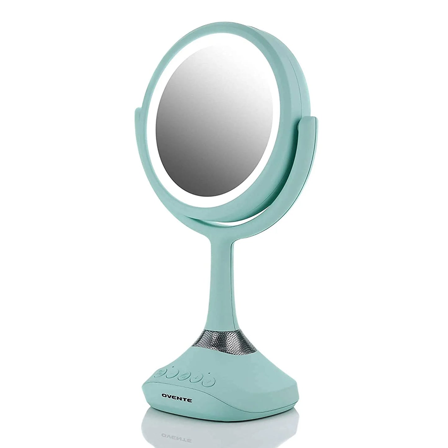 6" Lighted Tabletop Mirror, 1X & 5X Magnifier, Adjustable Spinning Double Sided round LED, Built-In Wireless Speaker and MP3 Audio, Rechargeable, USB Operated, Blue MRT06BL1X5X