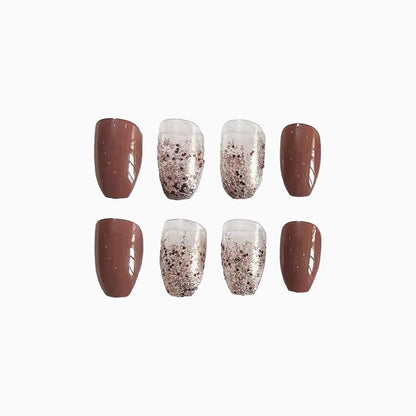 Coffin Press on Nails Medium Ballerina Fake Nails Glossy Glue on Nails Brown Gradient Acrylic Nails with Brown Glitter False Nails Designs 24 Pcs