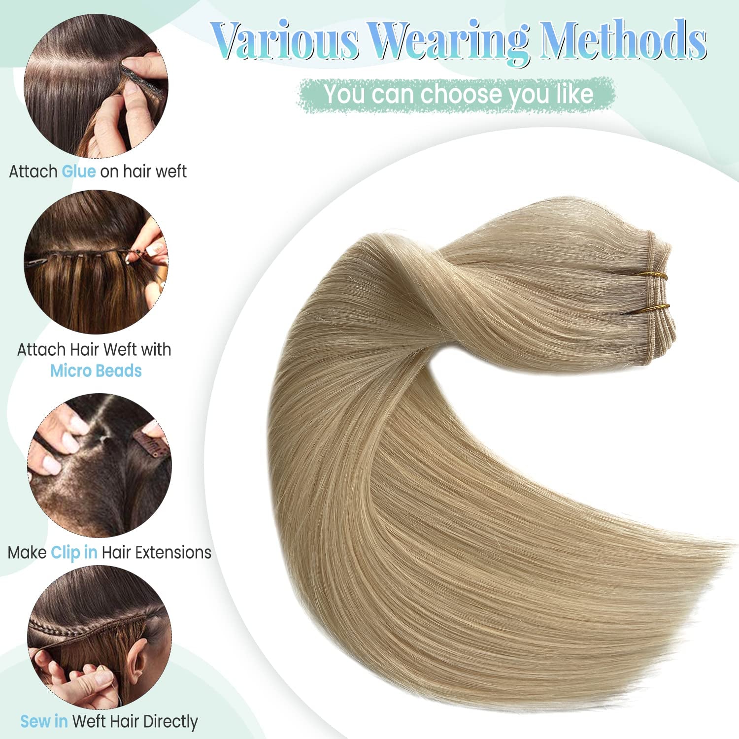 Sew in Hair Extensions Real Human Hair, Blonde Weft Hair Extensions Human Hair Bundles 100G 20 Inch Hand Tied Weft Hair Extensions Human Hair Weft Weave Extensions for Women