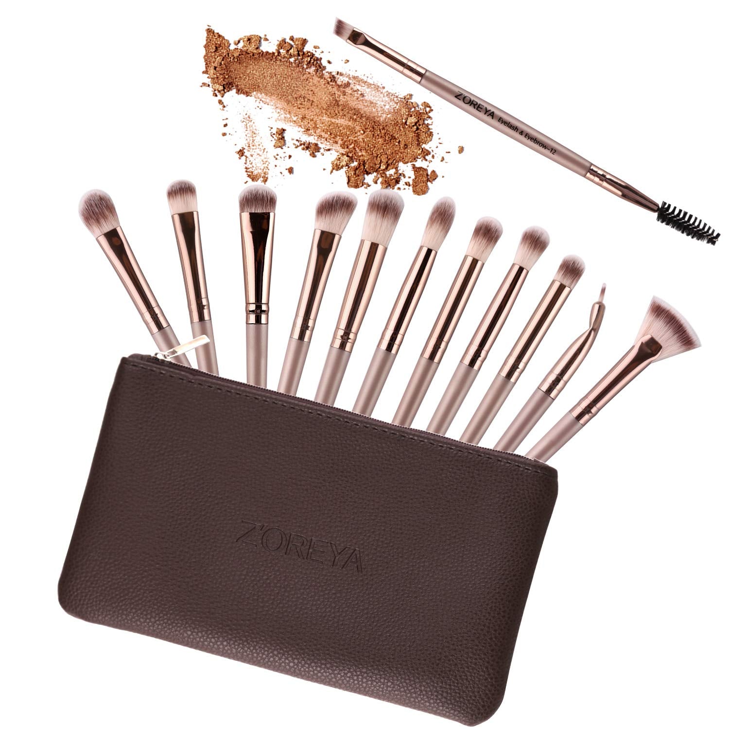 Eye Makeup Brushes, 12 Pcs Professional Eye Brush Set Eyeshadow, Eyebrow, Blending, Fan, Eyelash Brush Set with Carrying Bag(Champagne Gold)