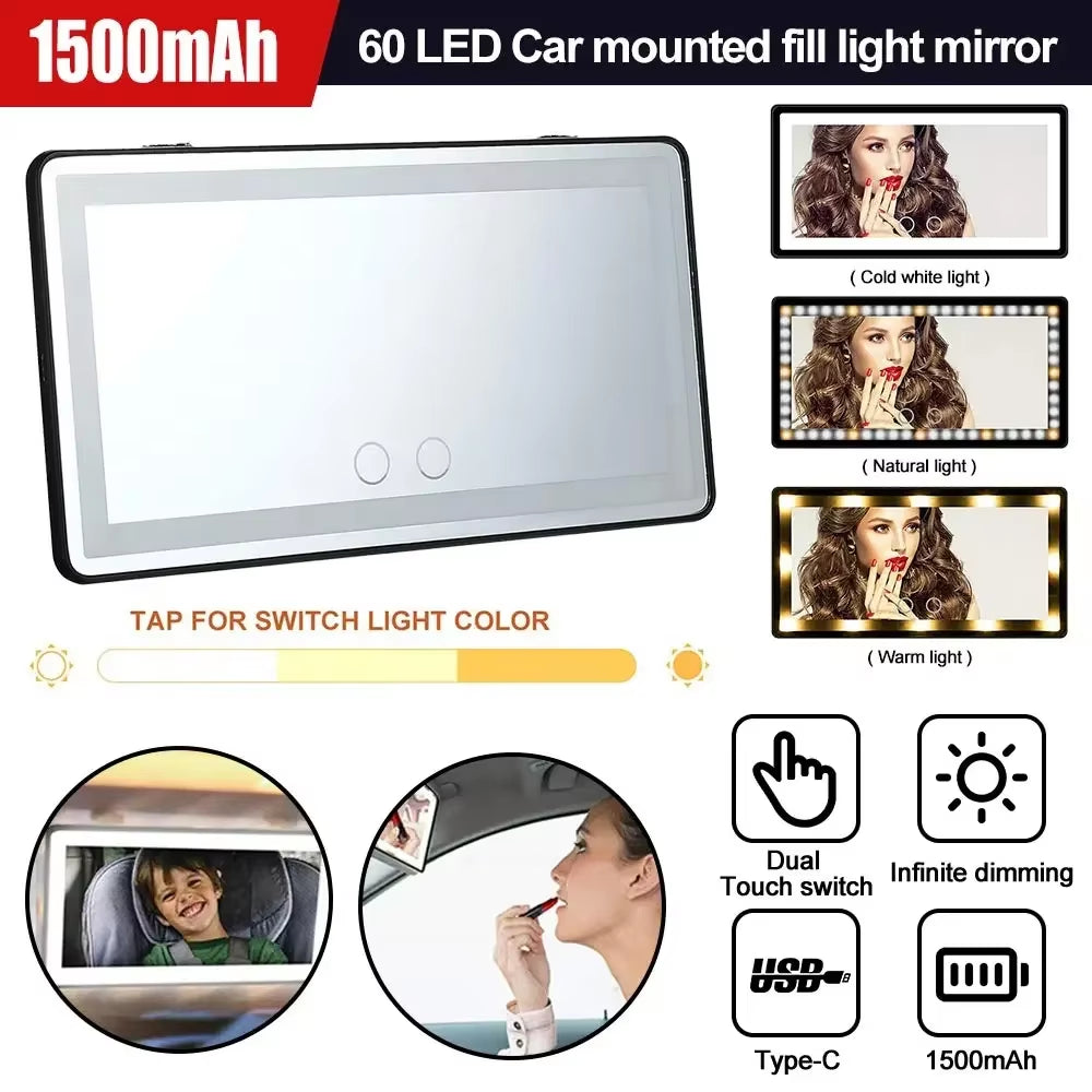 Car Sun Visor Vanity Mirror Cosmetic Mirror Rechargeable 3 Modes Makeup Mirror with Visor 60 Dimmable Clip-On Leds Light