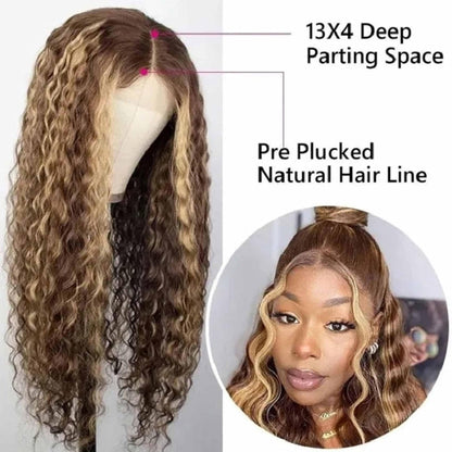 18Inch Ombre Highlight Lace Front Human Hair Wigs Brazilian Water Wave 13X4 Lace Front Curly Human Hair Wig Pre Plucked with Baby Hair Curly Wig for Women 150% Density 4/27 Honey Blonde Color