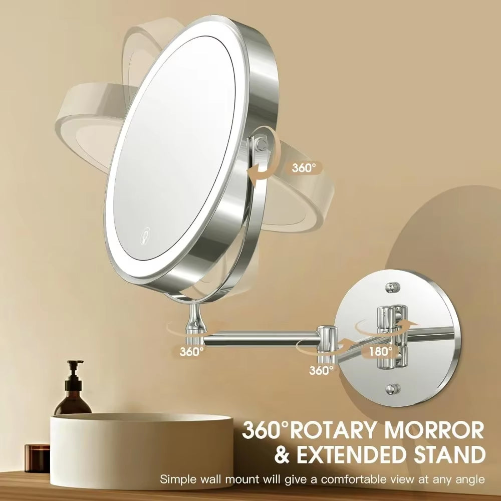 Wall Mounted Lighted Makeup Mirror, 8" Rechargeable Double-Sided Magnifying Mirror 1X/10X, 3 Colors Led, Touch Dimmable