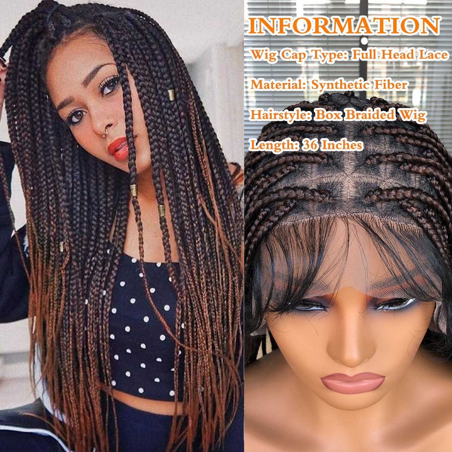 Runm 36" Full Double Lace Front Box Braided Wigs for Black Women Braids Lace Frontal Wig Synthetic Black Hand Braided Wigs with Baby Hair for Women(Ombre Brown)