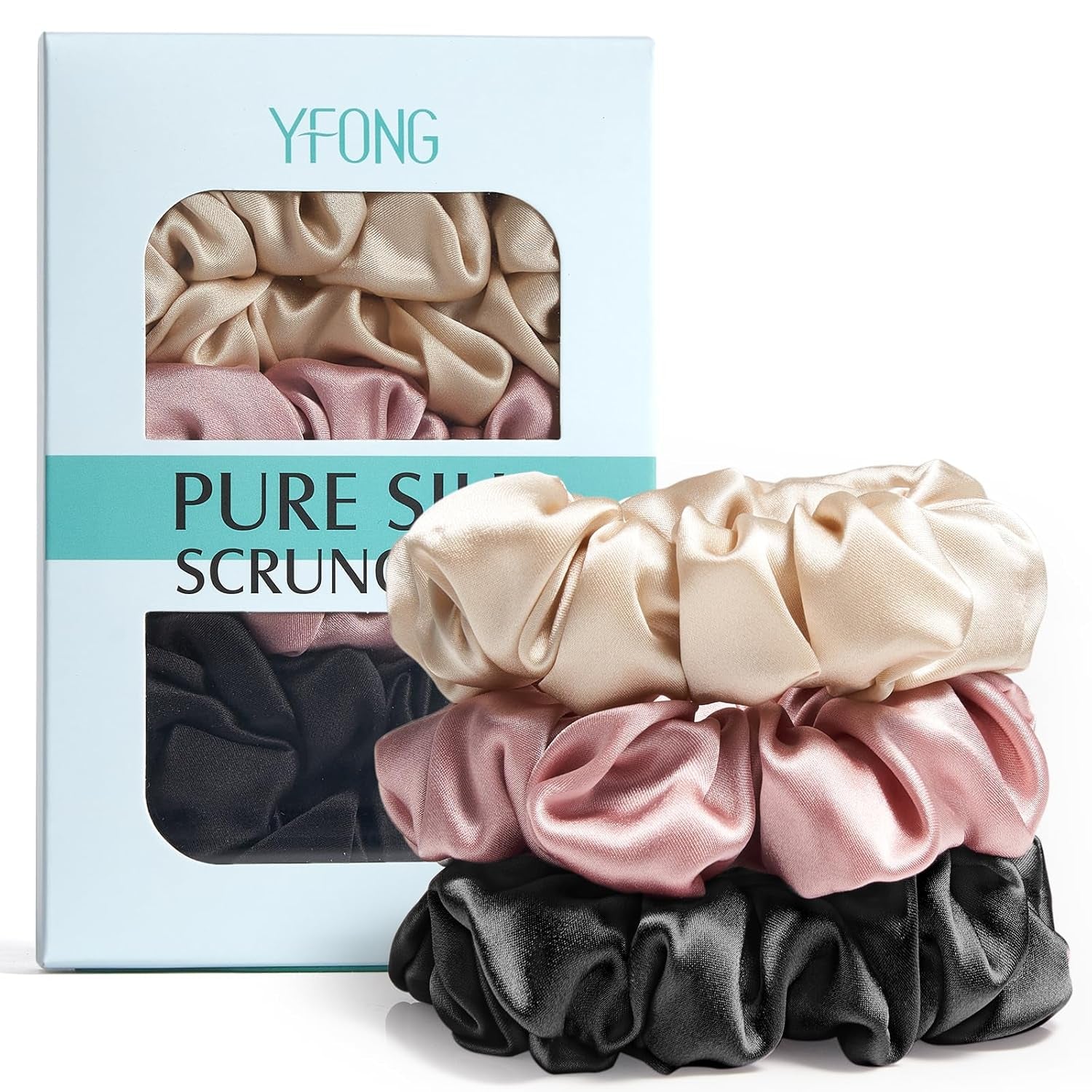 3 PCS 100% Mulberry Silk Scrunchies for Women Girls, 22 Momme Soft Hair Ties for Frizz & Breakage Prevention, Elastic Ponytail Holders Gentle and No Hurt, (Pink+Black+Champagne)