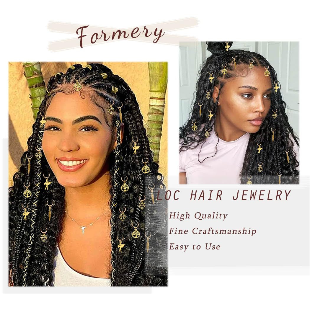 Feather Braid Accessories Gold Tree of Life Loc Hair Charms Jewelry Diamond African Dreadlock Ring Clips for Black Women (Pack of 20)