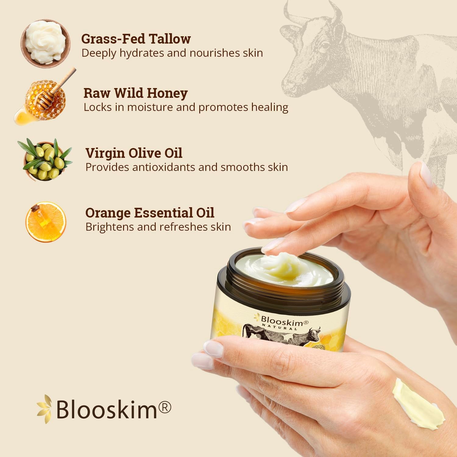 Beef Tallow and Honey Balm, 4.23 Oz, Whipped Grass Fed Beef Tallow Face Moisturizer, Herb-Infused for Women and Men