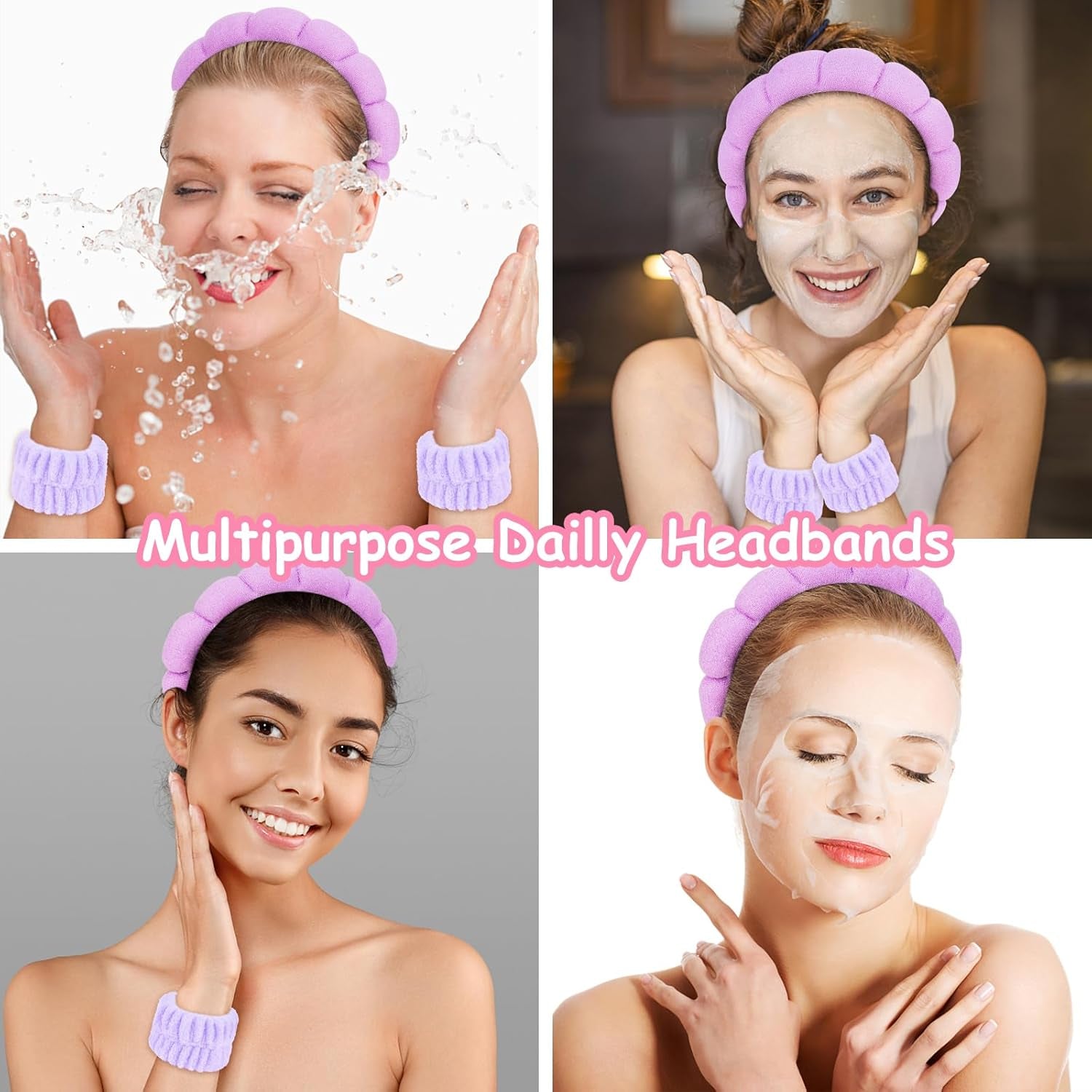 Purple Spa Headband and Wristband Set Makeup Spa Headband for Washing Face Bubble Skin Care Headbands Face Wash Sponge Puffy Headband Head Bands Hair Accessories for Women Girls