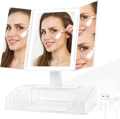 Makeup Mirror with Lights and Storage - 3X/2X Magnification, Tri-Fold Cosmetic Vanity Mirror with 24 Led Light, Touch Screen