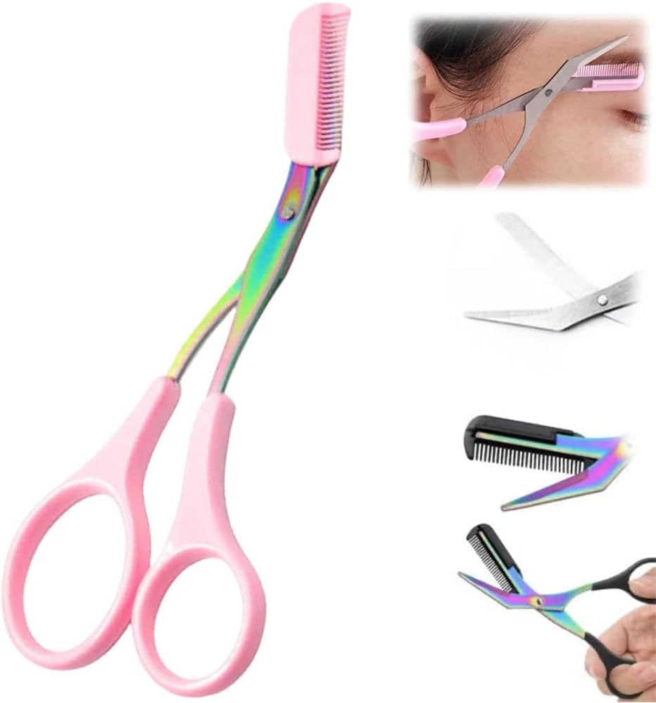 Eyebrow Trimmer Scissor, 2024 New Stainless Steel Eyebrow Scissors with Comb, Non-Slip Facial Hair Removal Trimmer, Portable Professional Eyebrow Trimming Scissors for Men Women, Pink