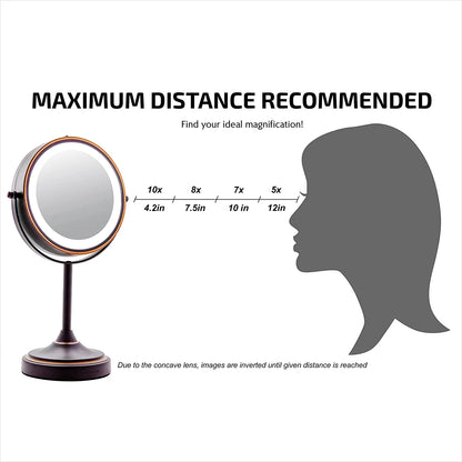 7'' Lighted Tabletop Makeup Mirror, 1X & 7X Magnifier, Spinning Double Sided round LED, Great for Vanity, Bath, & Bedroom, Battery Powered, Antique Bronze MCT70ABZ1X7X