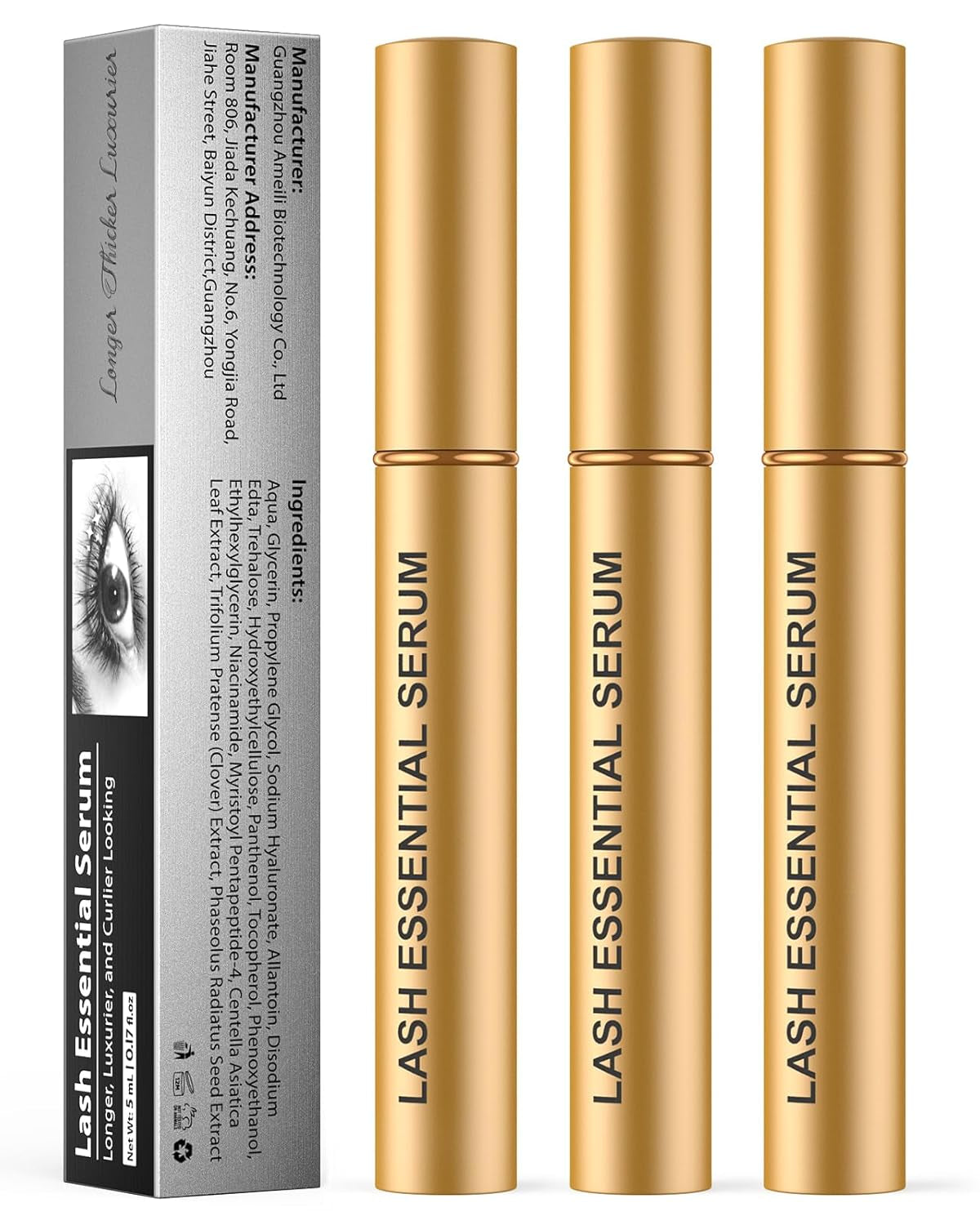 Eyelash Serum- Natural Comestic Eyelash Serum for Longer, Thicker Lashes & Brows, Boost Lash Serum Vegan & Cruelty-Free-Niacinamide, Centella Asiatica Leaf Extract(15 Ml Gold)