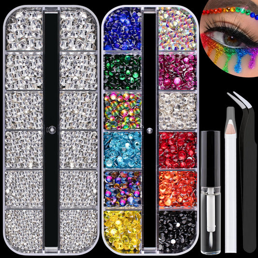 Colorful Face Gems for Makeup Set, Flatback Gorgeous Charming Clear Gems, Mixed-Colored Crystals with Makeup Glue, Tweezer, Picker Pencil for Eye Body Hair Make-Up and Nail Art Deco