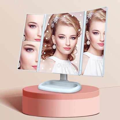 Makeup Mirror Vanity Mirror with 22 LED Lights, 1X 2X 3X 10X Magnification, Lighted Makeup Mirror, Touch Control, Trifold Makeup Mirror(White)