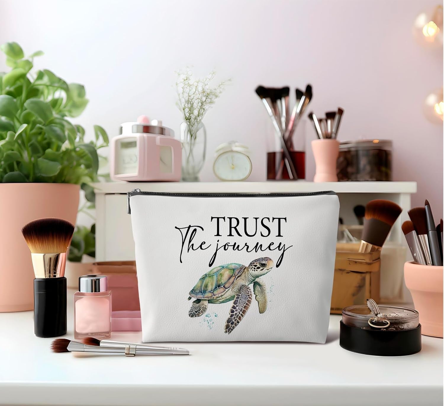 Sea Turtle Gifts for Women,Makeup Bag Gifts for Turtle Lovers,Trust the Journey Beach Leather Travel Makeup Pouch,Travel Organizer Pouch Small Makeup Bag for Purse