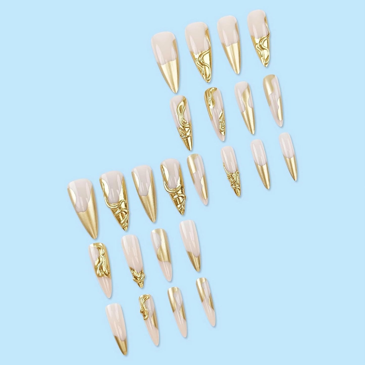 Press on Nails Long Stiletto Fake Nails Glossy Glue on Nails 3D Gold Chrome Acrylic Nails Almond Artificial Nails French Tip Stick on False Nails with Design 24 Pcs