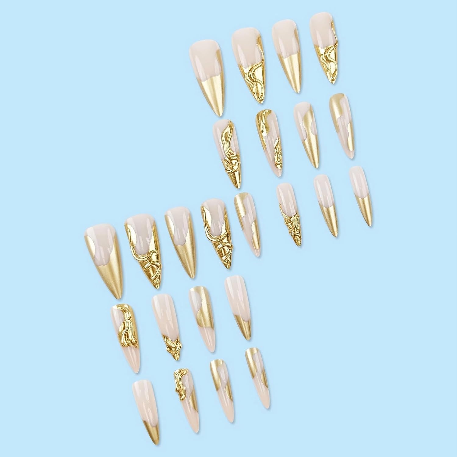 Press on Nails Long Stiletto Fake Nails Glossy Glue on Nails 3D Gold Chrome Acrylic Nails Almond Artificial Nails French Tip Stick on False Nails with Design 24 Pcs