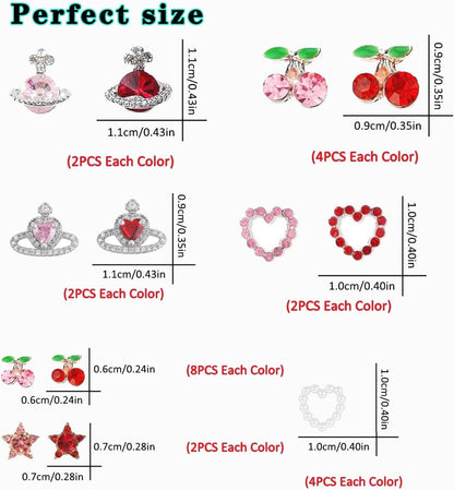 45 Pcs Cherry Nail Charms Rhinestone Red Pink Cherries Nail Art Gems Star Heart Planet Pearl Nail Jewelry Decorations Saturn Shape Acrylic Nail Accessories for Women Girl DIY Crafts Supplies B