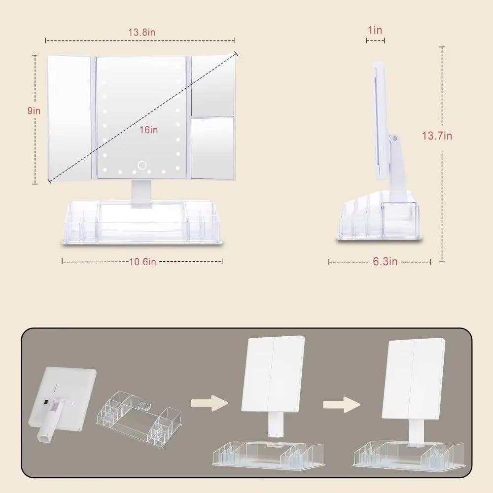 Makeup Mirror with Lights and Storage - 3X/2X Magnification, Tri-Fold Cosmetic Vanity Mirror with 24 Led Light, Touch Screen