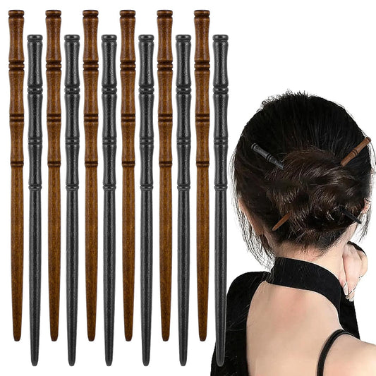 Wooden Hair Sticks, 12 PCS Hair Pins for Buns, Bamboo Shape Hair Sticks for Women, Japanese Chinese Style, Hanfu Pins Holders for Long Hair, Retro Hair Sticks, 2 Colors (Black, Khaki)