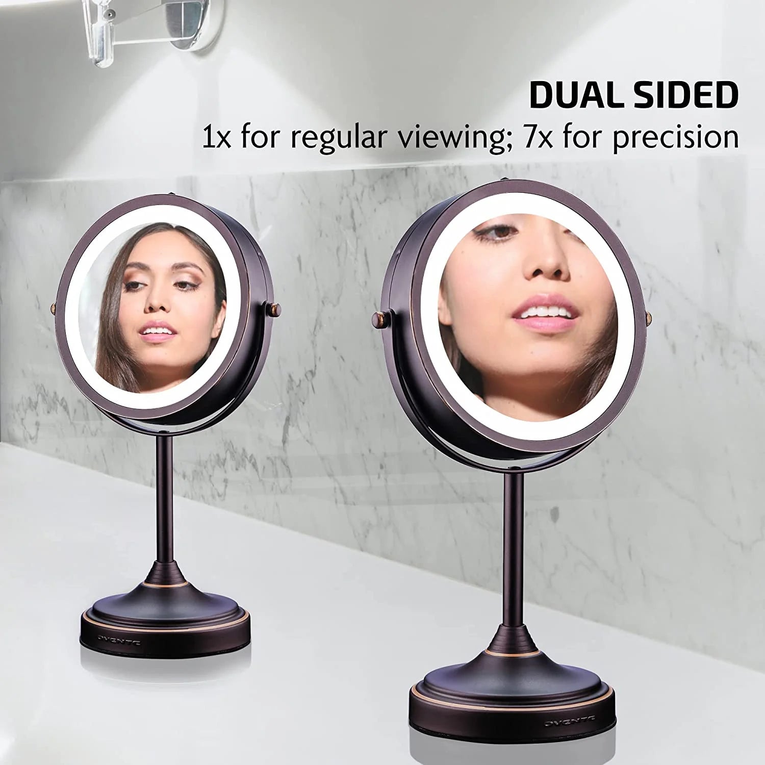 7'' Lighted Tabletop Makeup Mirror, 1X & 7X Magnifier, Spinning Double Sided round LED, Great for Vanity, Bath, & Bedroom, Battery Powered, Antique Bronze MCT70ABZ1X7X