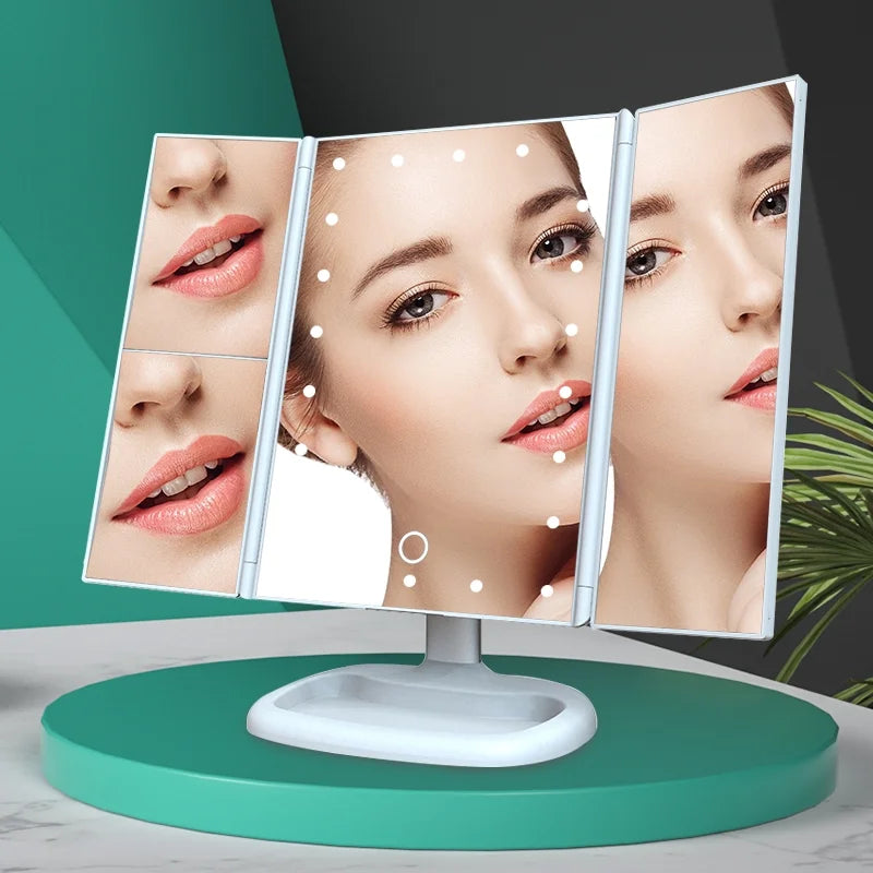 Makeup Mirror Vanity Mirror with 22 LED Lights, 1X 2X 3X 10X Magnification, Lighted Makeup Mirror, Touch Control, Trifold Makeup Mirror(White)