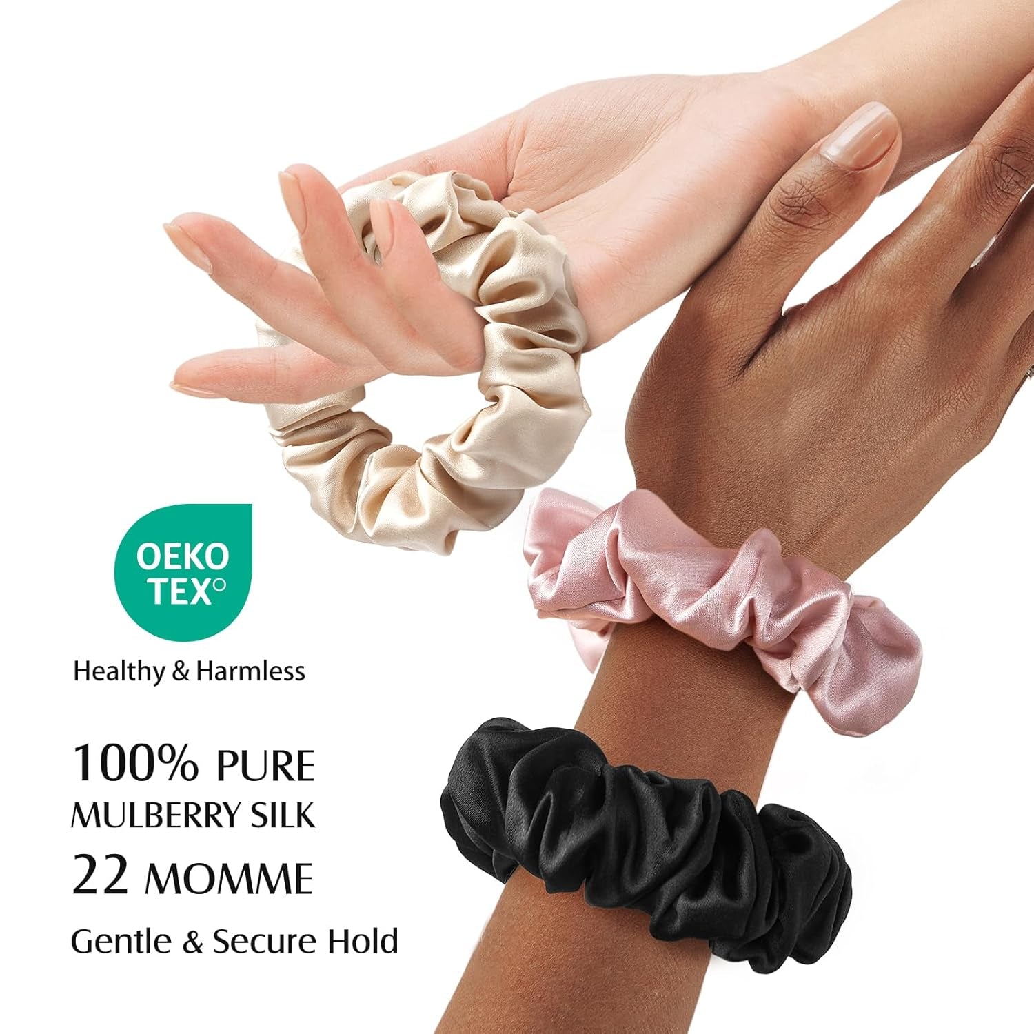 3 PCS 100% Mulberry Silk Scrunchies for Women Girls, 22 Momme Soft Hair Ties for Frizz & Breakage Prevention, Elastic Ponytail Holders Gentle and No Hurt, (Pink+Black+Champagne)