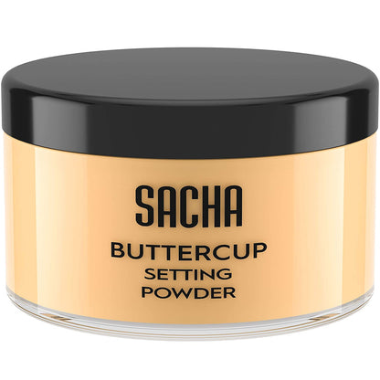 Sacha BUTTERCUP Setting Powder. No Ashy Flashback. Blurs Fine Lines and Pores. Loose, Translucent Face Powder to Set Makeup Foundation or Concealer. for Medium to Dark Skin Tones, 1.75 Oz.