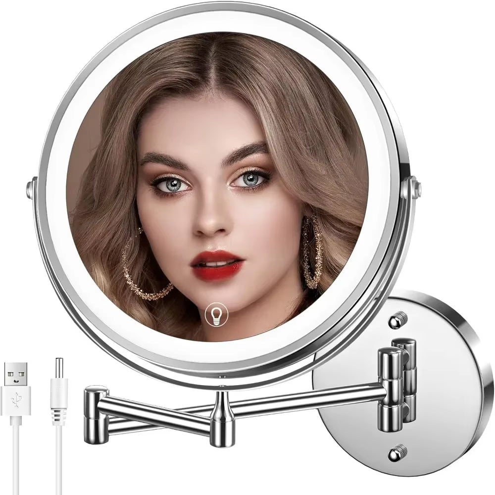 Wall Mounted Lighted Makeup Mirror, 8" Rechargeable Double-Sided Magnifying Mirror 1X/10X, 3 Colors Led, Touch Dimmable