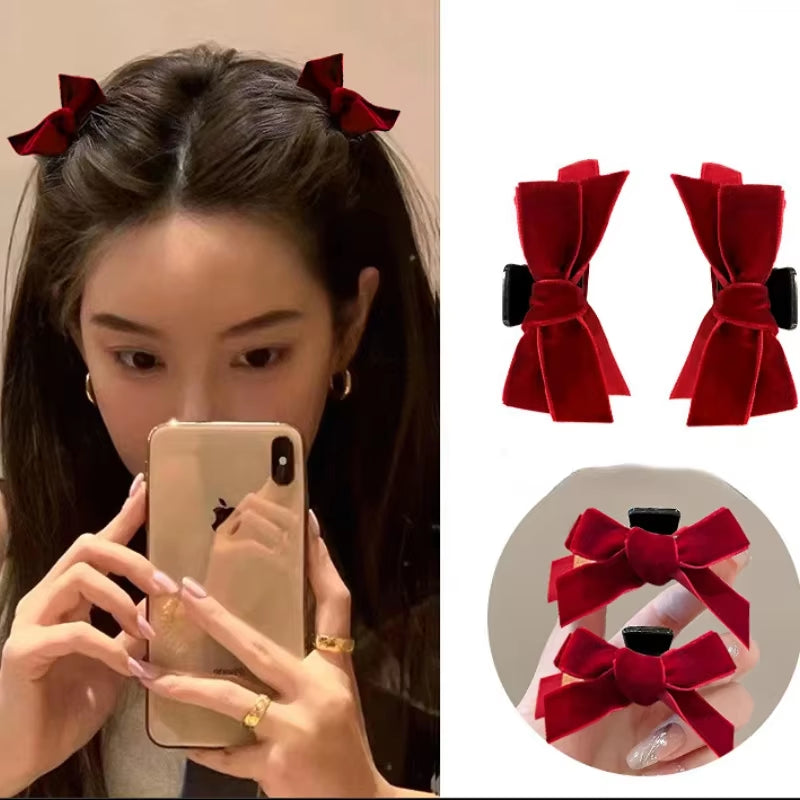 Sweet Bow Bangs Side Claw Small Hair Claw Princess Velvet Bow Hair Clip Claw Clamp Headwear Girl Women Korean Hair Styling Tools