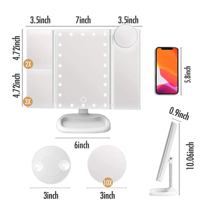 Makeup Mirror Vanity Mirror with 22 LED Lights, 1X 2X 3X 10X Magnification, Lighted Makeup Mirror, Touch Control, Trifold Makeup Mirror(White)