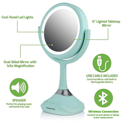 6" Lighted Tabletop Mirror, 1X & 5X Magnifier, Adjustable Spinning Double Sided round LED, Built-In Wireless Speaker and MP3 Audio, Rechargeable, USB Operated, Blue MRT06BL1X5X