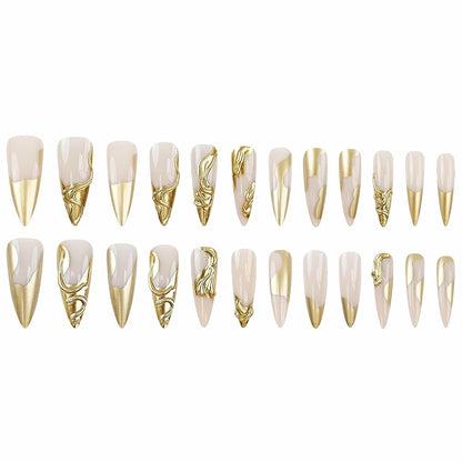 Press on Nails Long Stiletto Fake Nails Glossy Glue on Nails 3D Gold Chrome Acrylic Nails Almond Artificial Nails French Tip Stick on False Nails with Design 24 Pcs