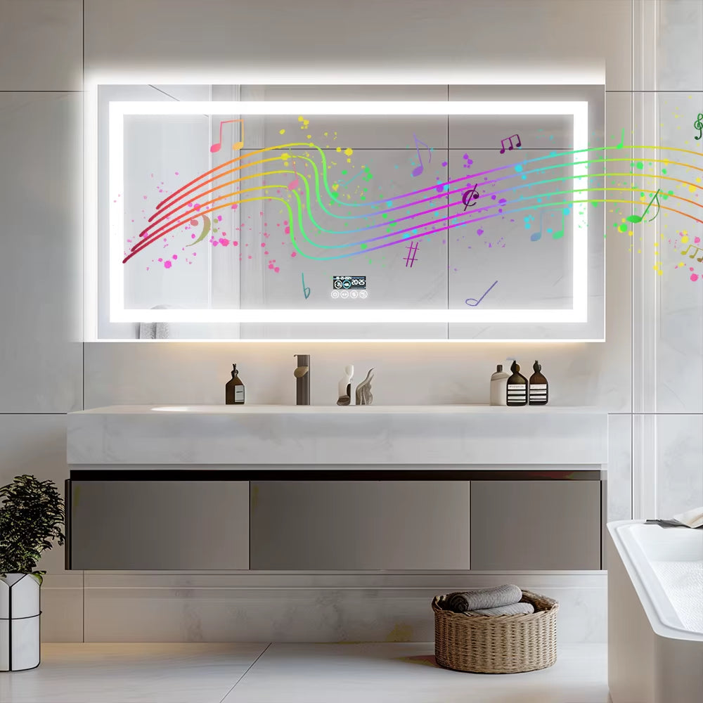 LED Bathroom Mirror with Lights Vanity Make up Mirror Dimmable, Smart Bluetooth Digital Display 3 Colors Memory