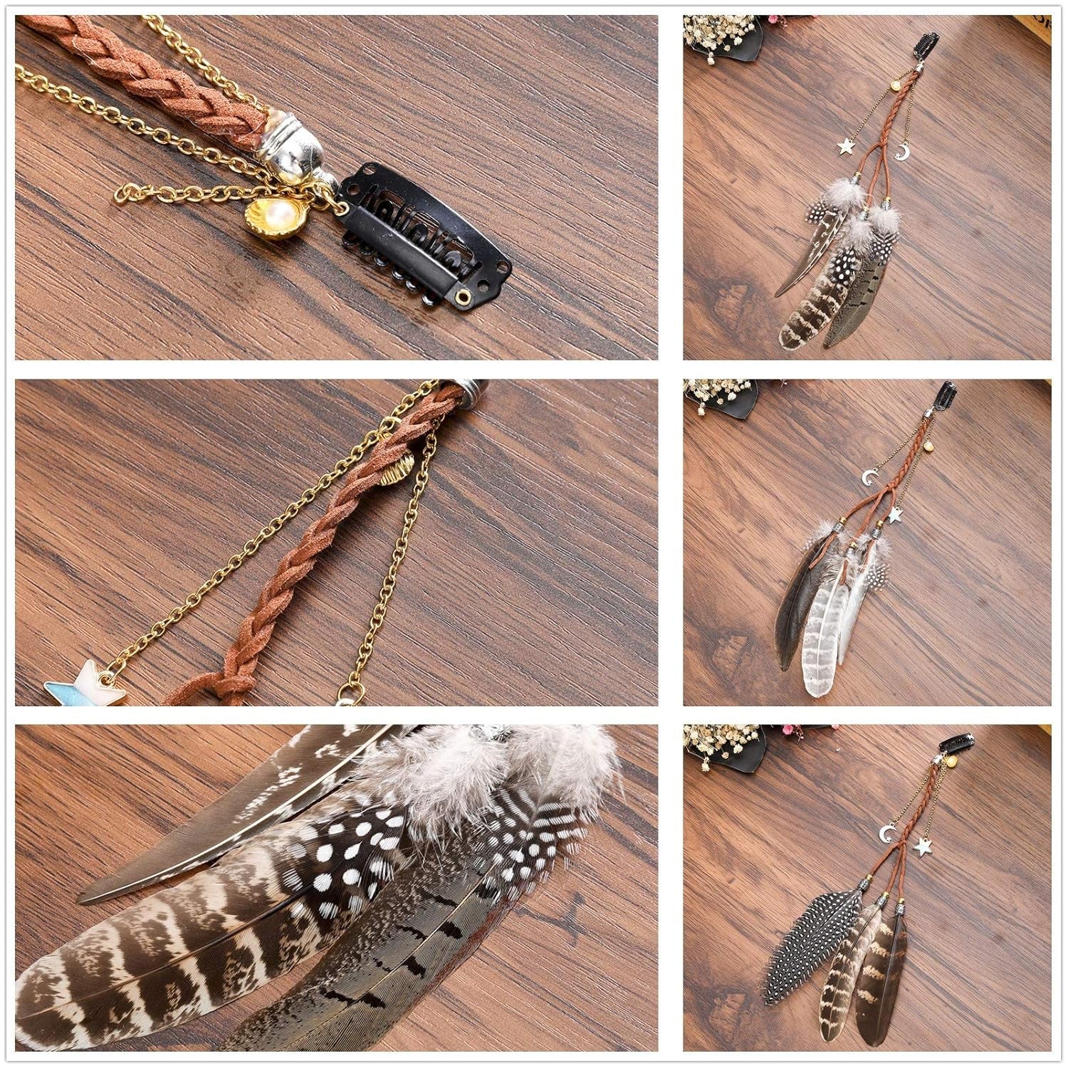 Hippie Feather Hair Extension Clip Bohemia Tribal Indian Peacock Hair Feather Hippie Headpiece Braided Beads Headwear Festival Hair Accessories (3Color)