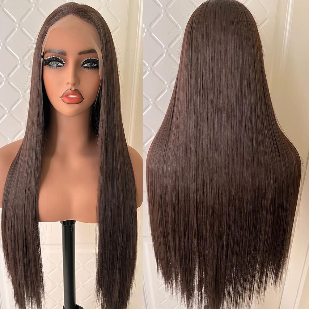 Synthetic Lace Front Auburn Wig Pre Plucked Dark Brown Glueless Wigs for Black Women Long Straight Wig with Natural Hairline 24Inch