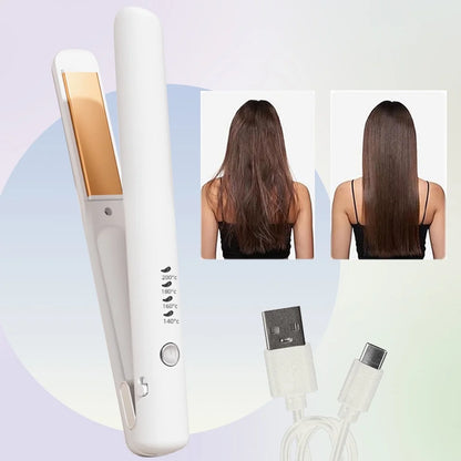 Professional 1.18 in Ceramics Flat Iron Hair Straightener, Wireless, Rechargeable, Portable, USB, White