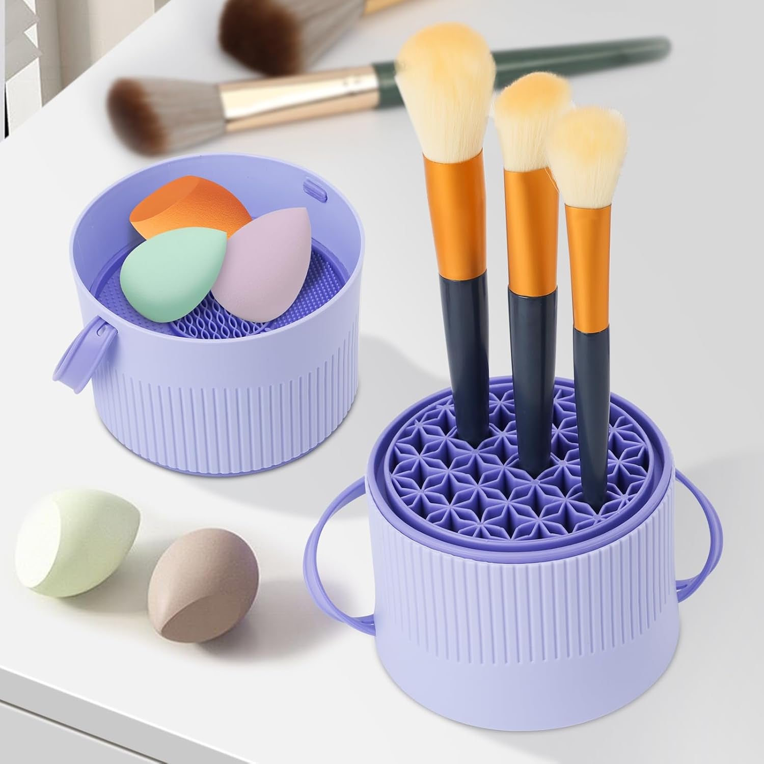 Makeup Brush Cleaner - 3 in 1 Silicone Makeup Brush Cleaner Mat, Makeup Brush Holder Organizer, Cosmetic Brush Dryer for Brushes, Powder Puffs, Sponges (Purple)