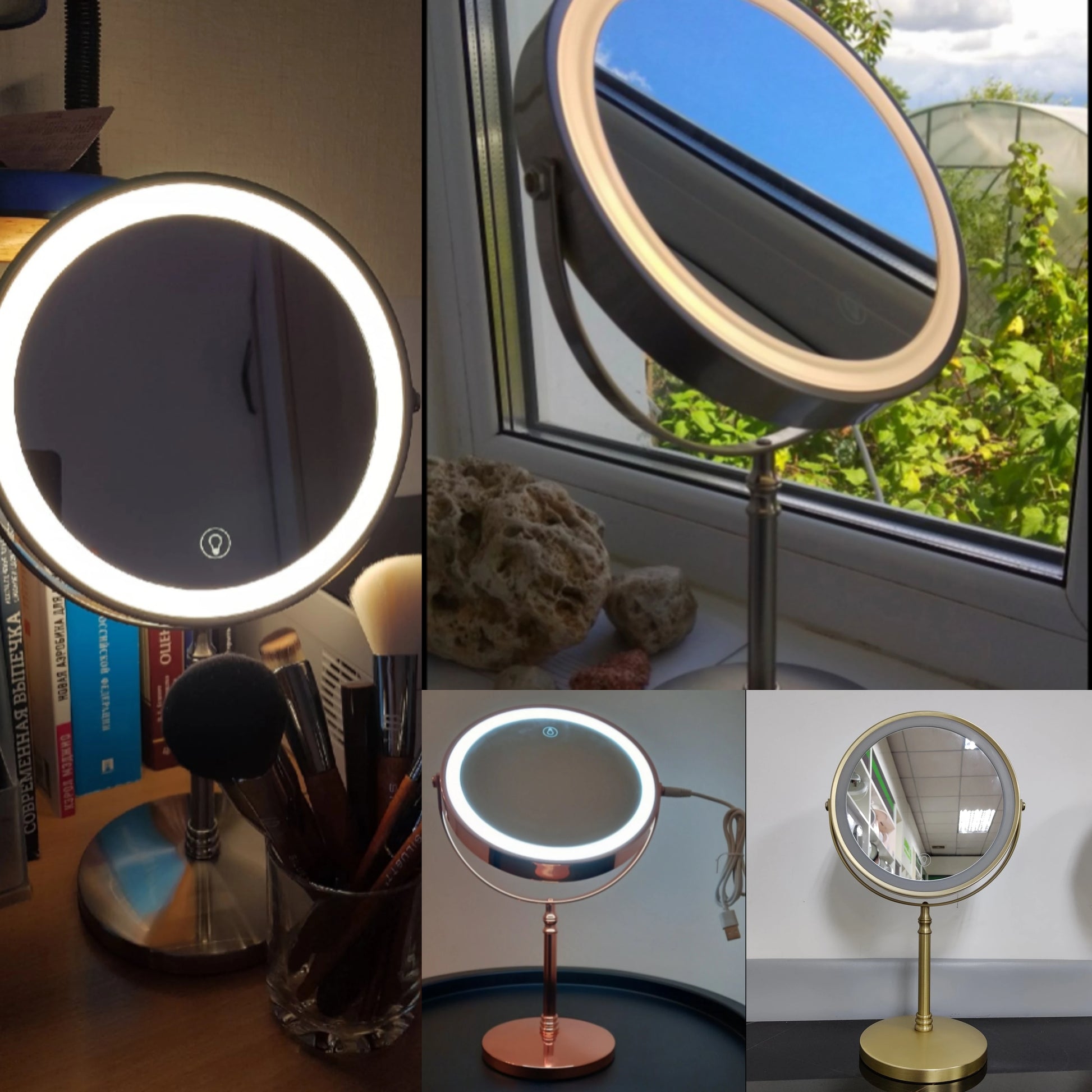 8 Inch Gold Makeup Mirror with Light USB Charging 10X Magnifying Vanity Mirror Backlit Adjustable Light Standing Cosmetic Mirror