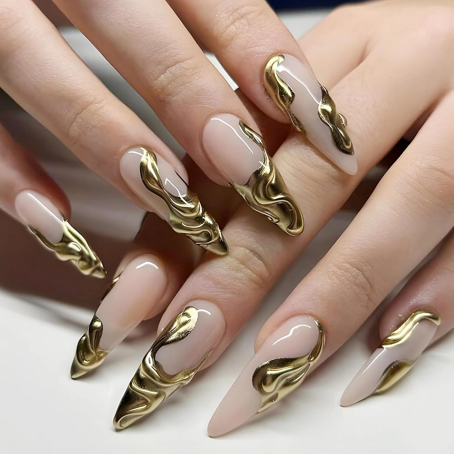 Press on Nails Long Stiletto Fake Nails Glossy Glue on Nails 3D Gold Chrome Acrylic Nails Almond Artificial Nails French Tip Stick on False Nails with Design 24 Pcs