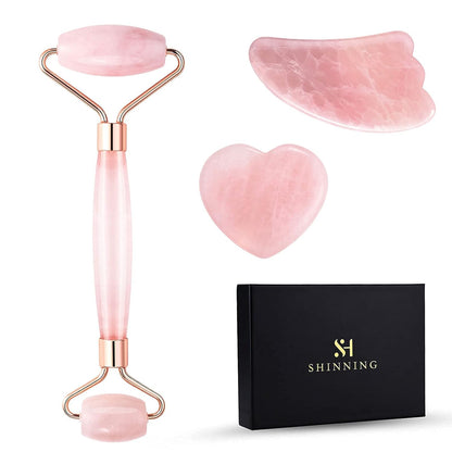 Jade Roller and Gua Sha Set - anti Aging Rose Quartz Face Roller Massager & Guasha Tool for Face, Eye, Neck - Natural Beauty Skin Care Tools Body Muscle Relaxing Relieve Wrinkles (Pink)